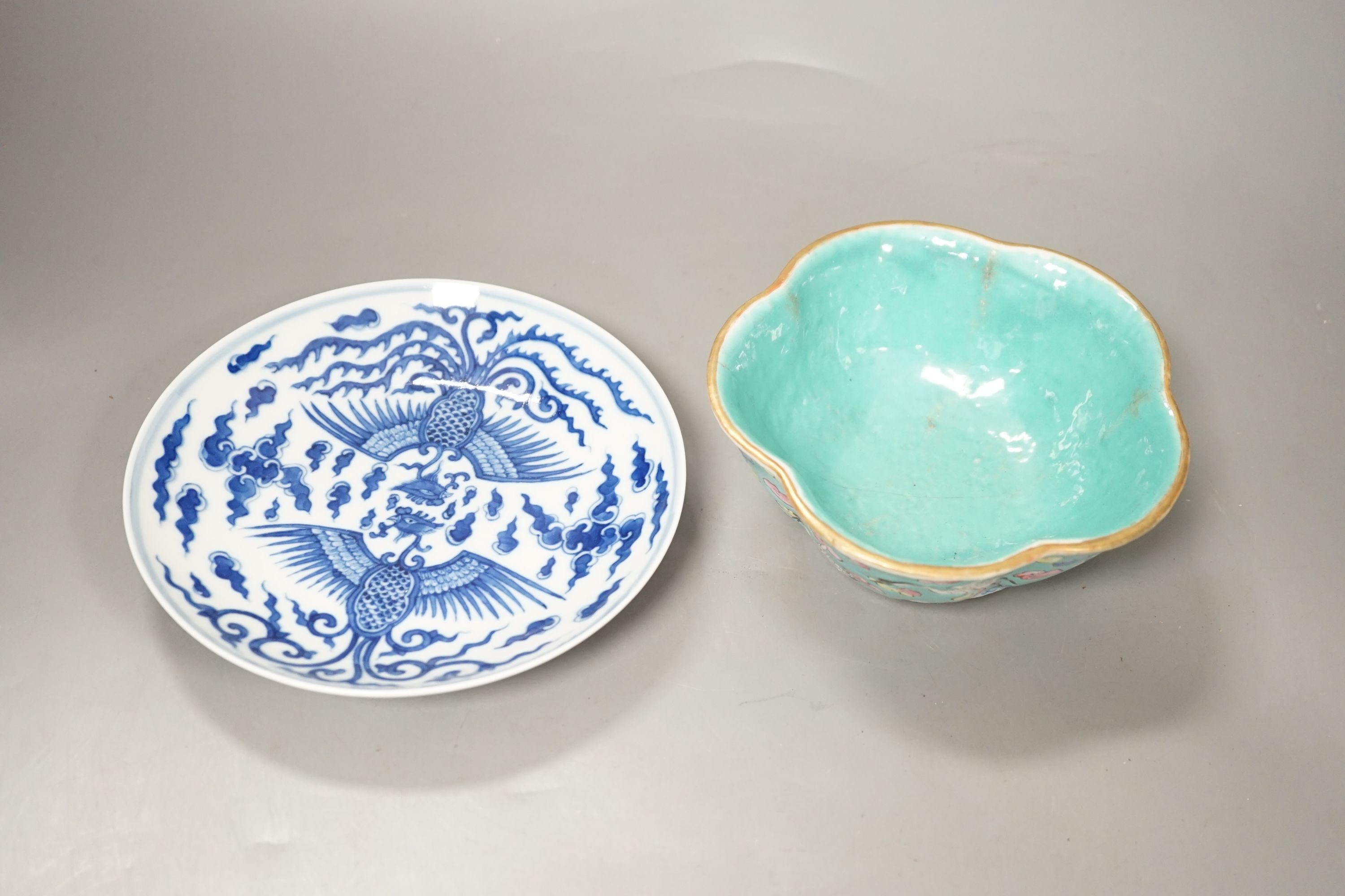 A Chinese blue and white ‘phoenix’ dish and a Chinese enamelled porcelain bowl. Diameter of largest 16.5cm